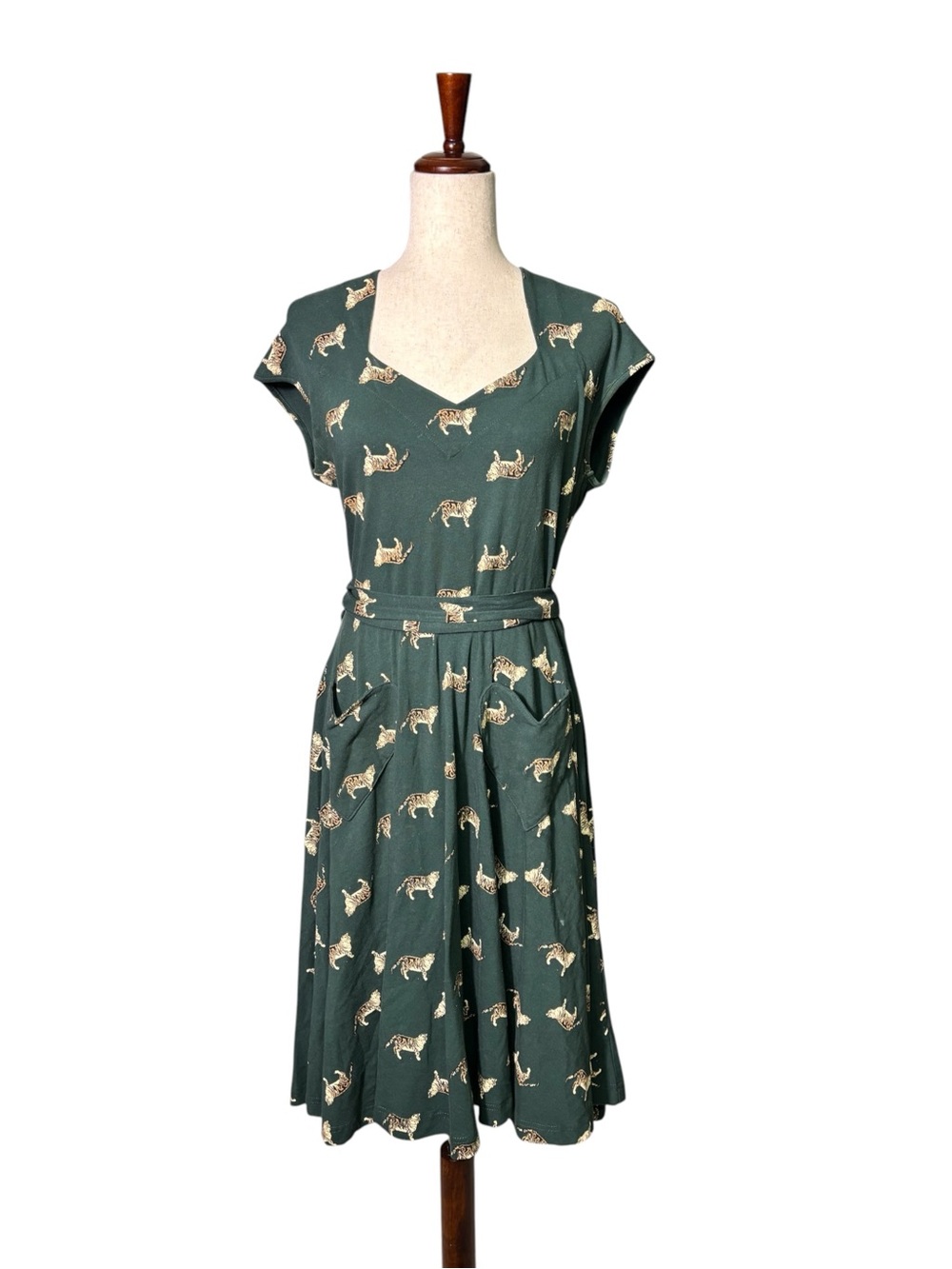 Effie’s Heart Tiger Print Cotton Dress Heart Pockets Belted Green Retro Large